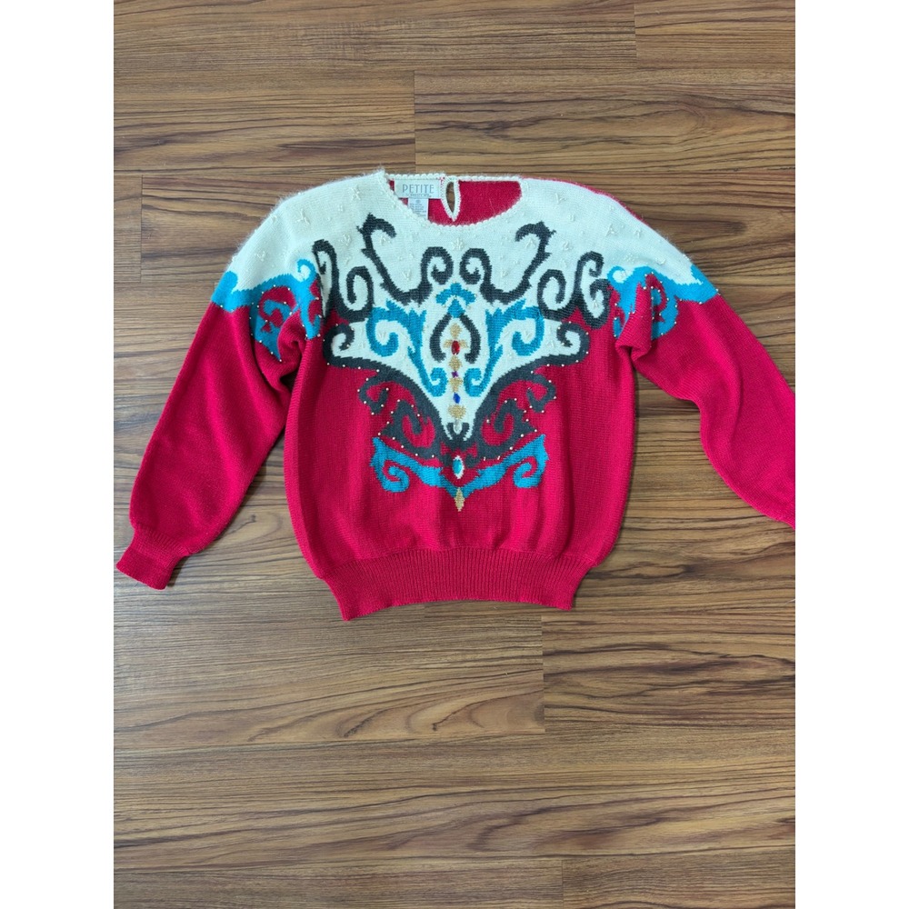 Vintage Petite Sophisticate Red Embellished Angora Blend Sweater Gemstones Sz S